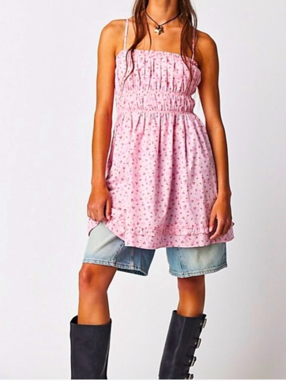 Free People Gabby Mini Dress Pink Cherry Print Size XS Boho Cottagecore Smocked